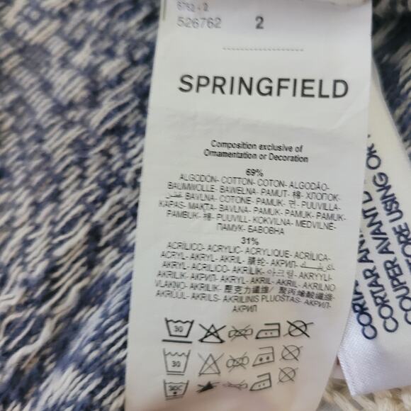 Springfield Size 4 Blue Cream Knit Fringe Shawl Fleur De Lis Pattern - Picture 9 of 9